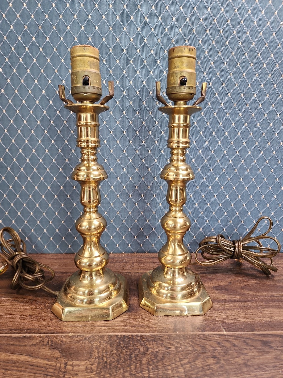 Vintage Pair Solid Brass Candlestick Lamps Ornate Neoclassical Octagonal Base