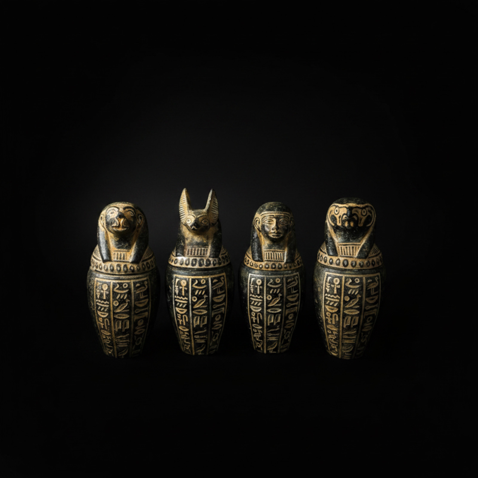 Unique Set of 4 Egyptian Canopic Jars - Anubis & Horus Sons - Pharaonic Tomb Art
