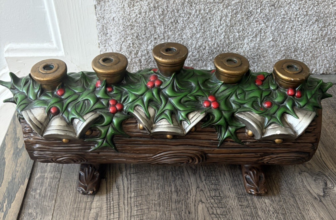 Vintage Atlantic Mold Christmas Yule Log Candle Holder Holly— Ceramic