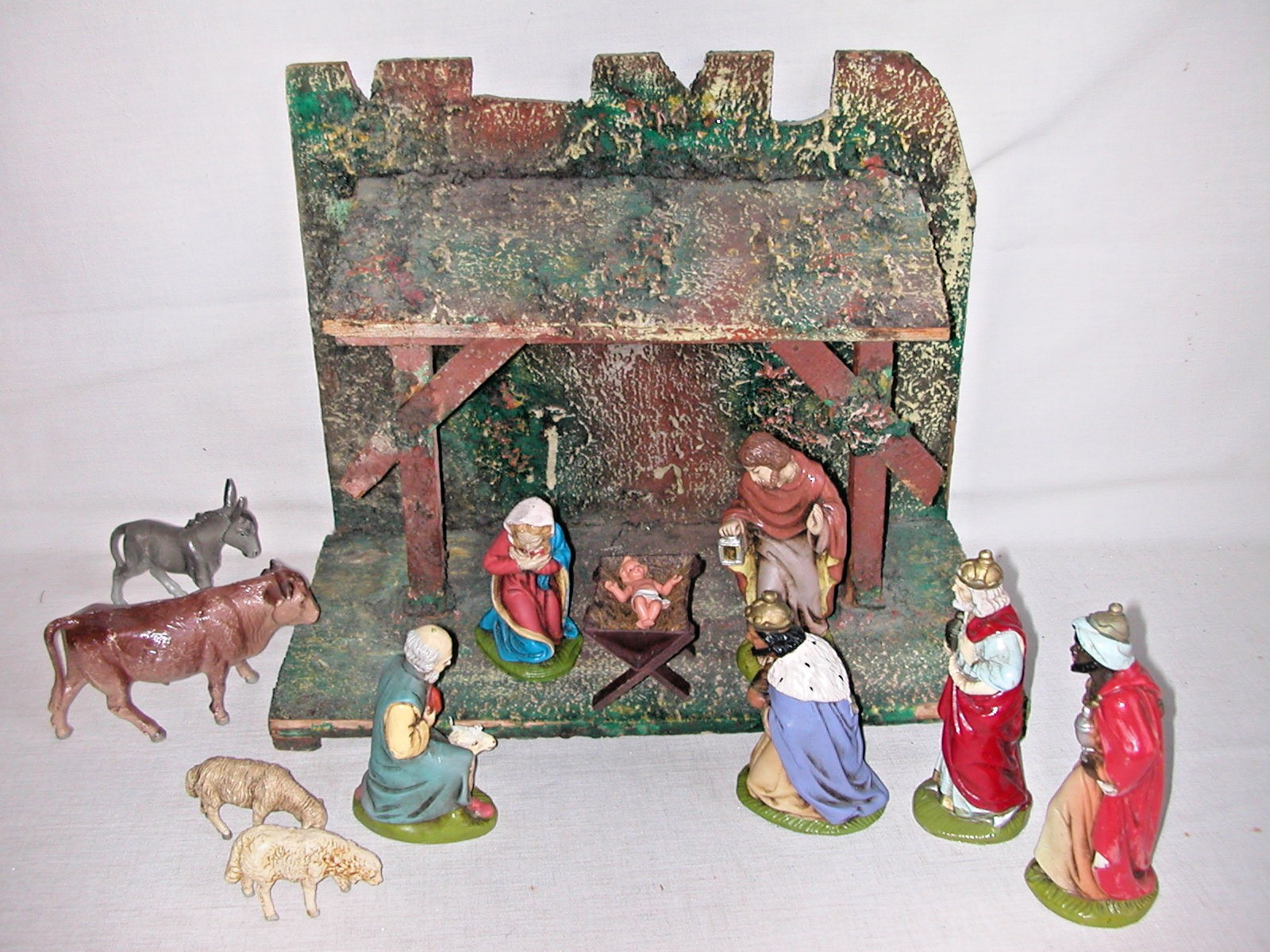Vintage West Germany Nativity Set Krippenfiguren 12 Figures Box + Stable 1940s