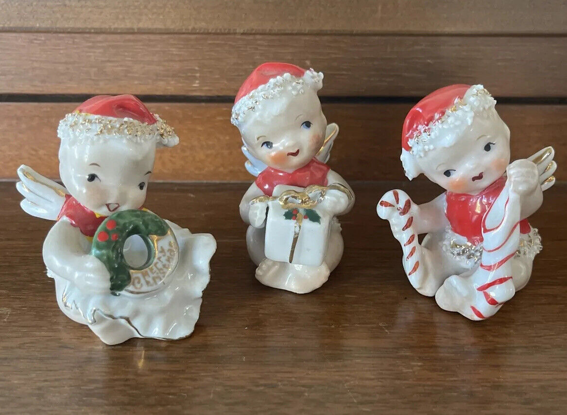 Vintage Japan Merry Christmas Lefton Angel Babies Stocking Wreath Gift Cherubs