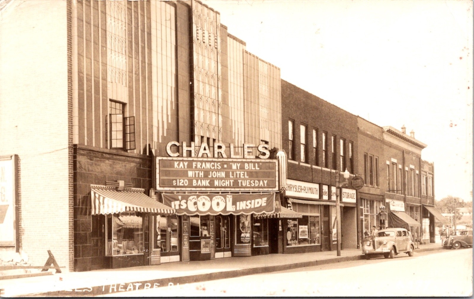 RPPC Real Photo Postcard Iowa Charles City Movie Theatre It\'s Cool Inside Sign