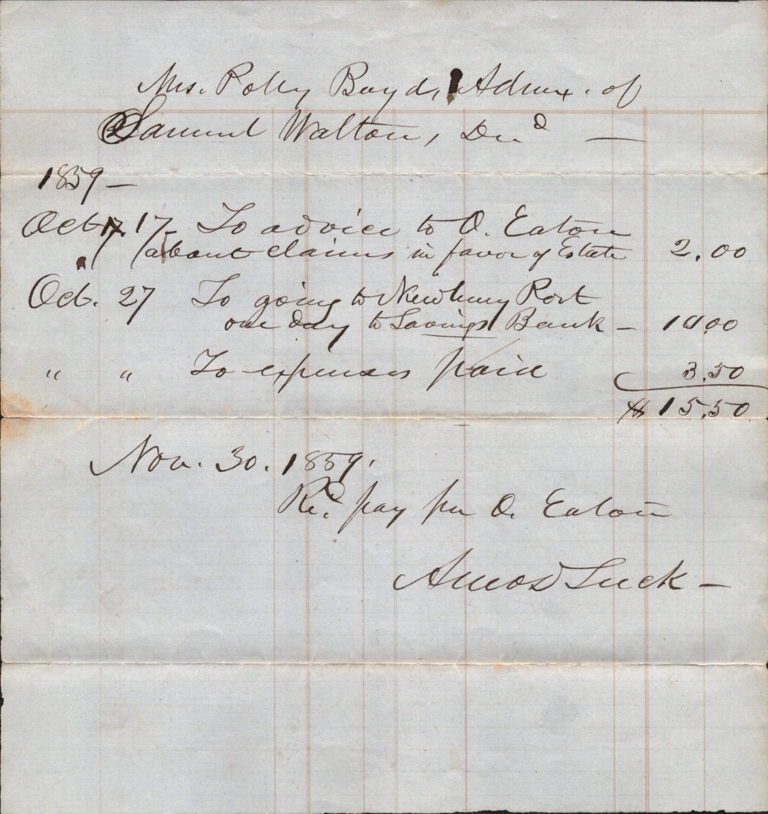 1859 NEWBURYPORT, MASSACHUSETTS antique accounting sheet EXPENSES PAID FOR TRIP