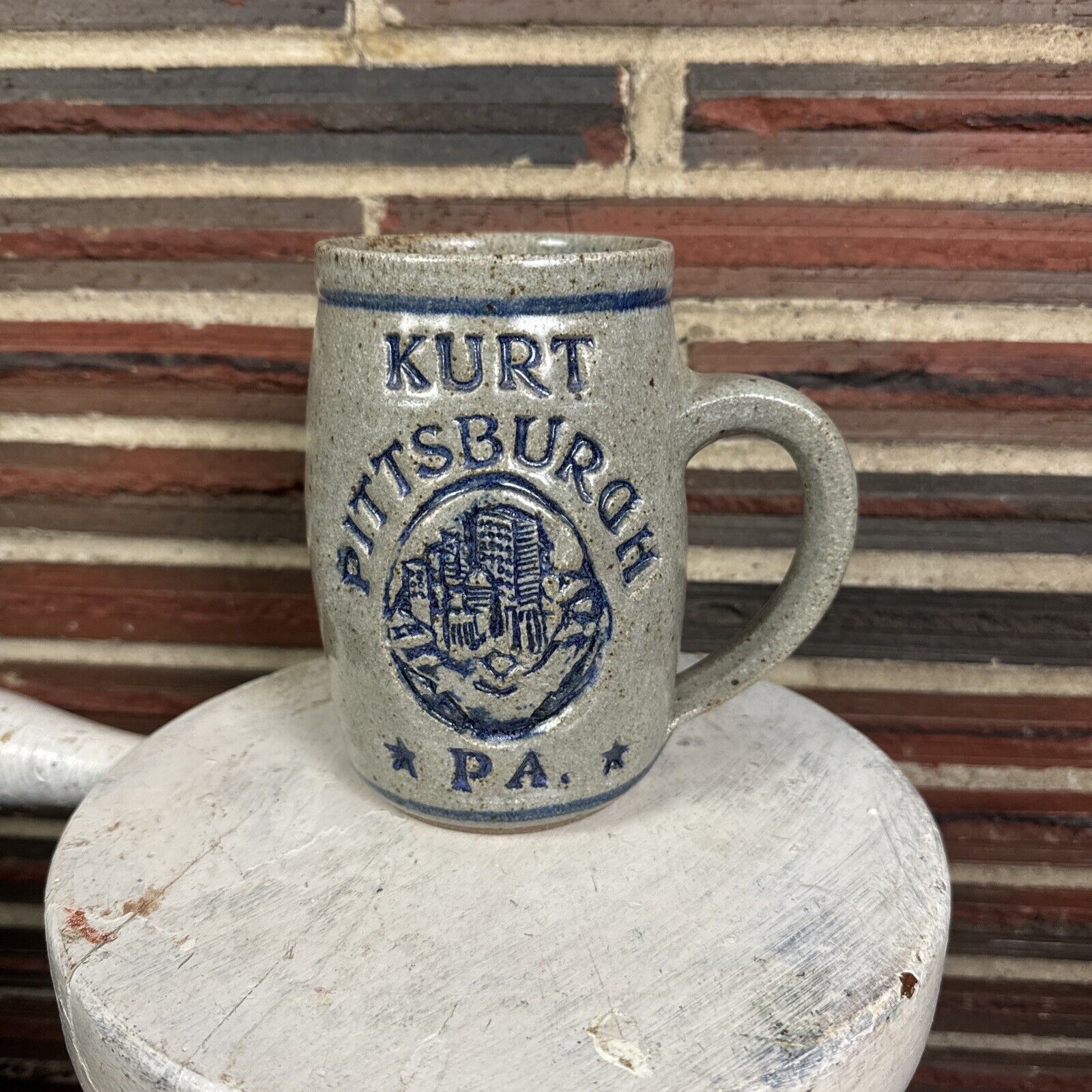 Vintage Kurt Pittsburgh PA Stein Beer Mug Gray Blue with Handle Drinkware Heavy