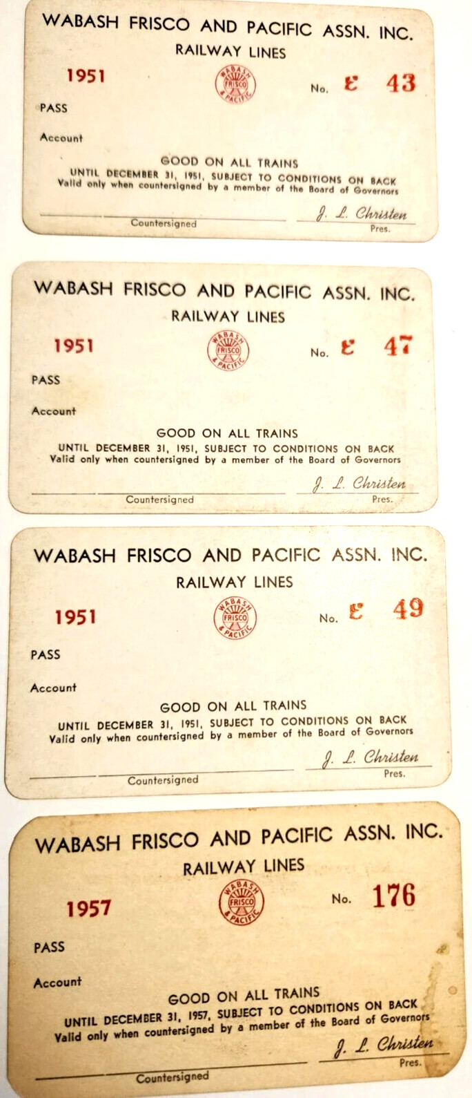 Lot of 4 1950s WABASH FRISCO and PACIFIC Railway Lines Train Card Passes