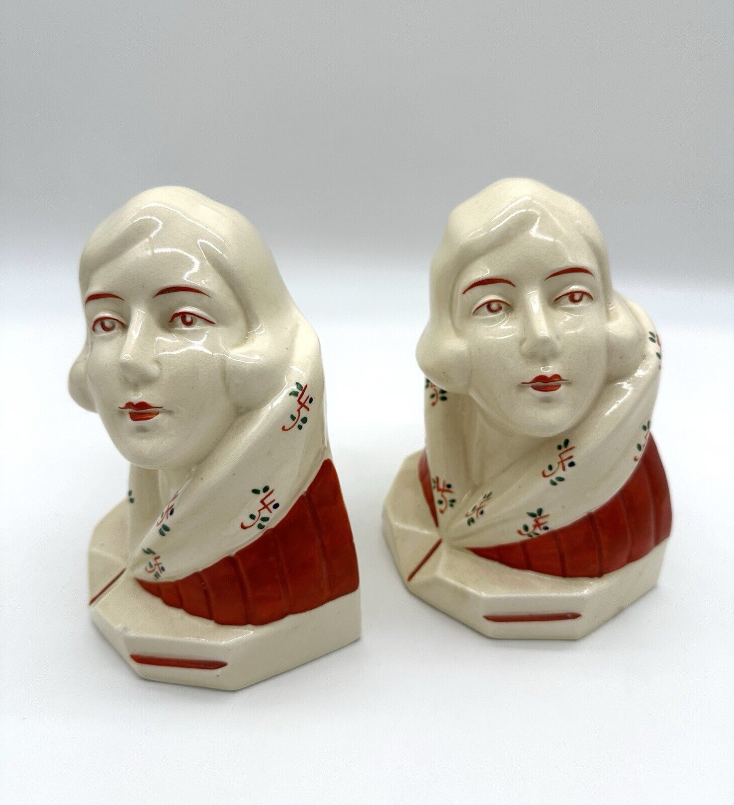 Pair of Ceramic Deco Ladies Head Bust Book Ends-Hand Painted Red And White
