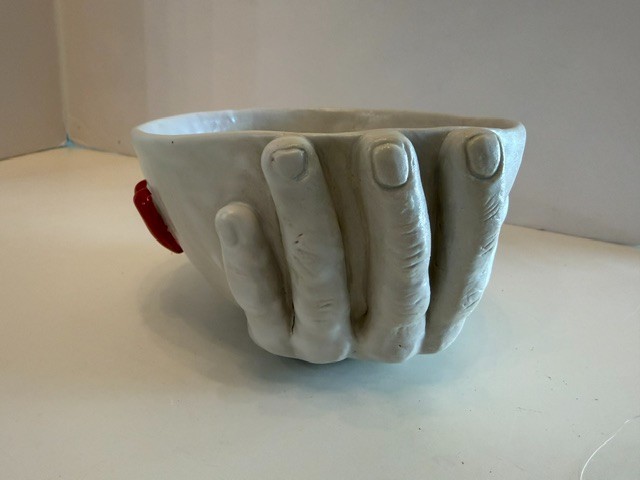Vintage Hand Holding Bowl Bowl Signed Hand Made 5 1/2