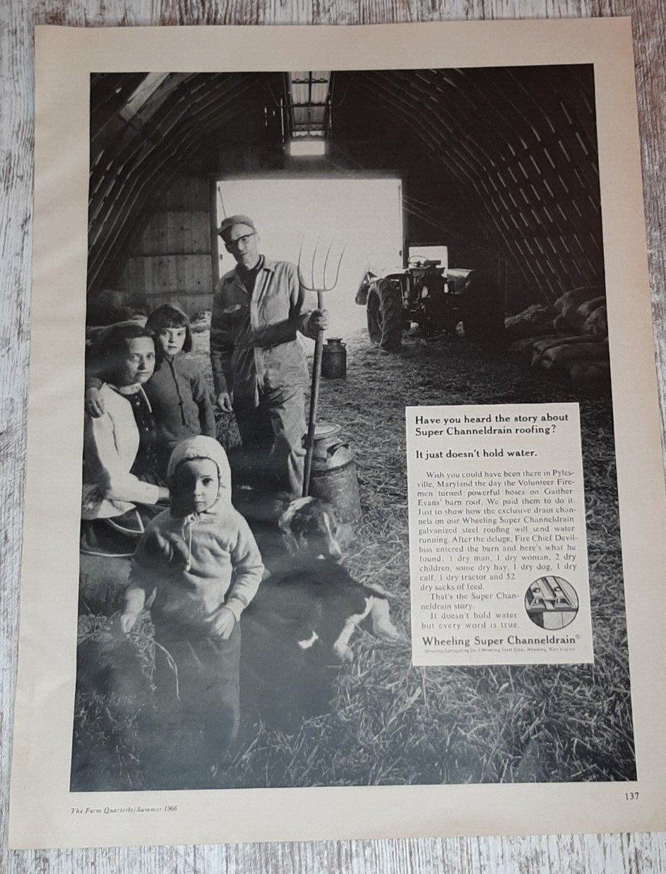 1966 Wheeling Channeldrain Vintage Print Ad Roofing Barn Family Dog Tractor WV