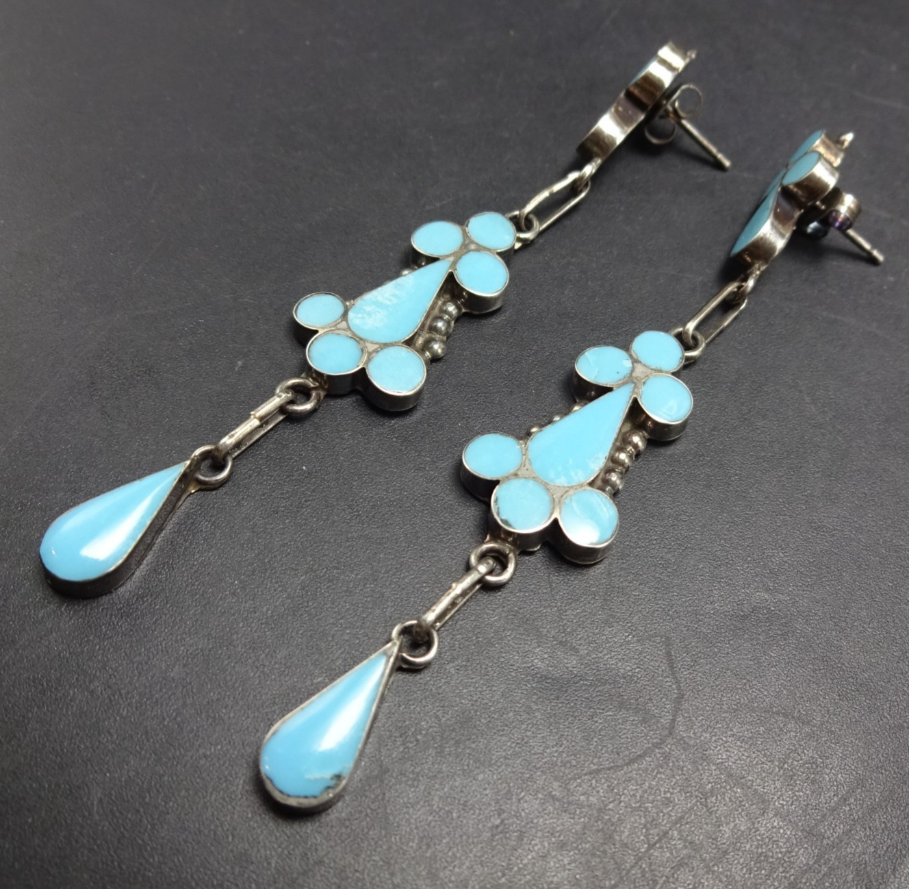 Booqua Othole ZUNI Flush Inlay BLUE TURQUOISE EARRINGS Sterling Silver 3