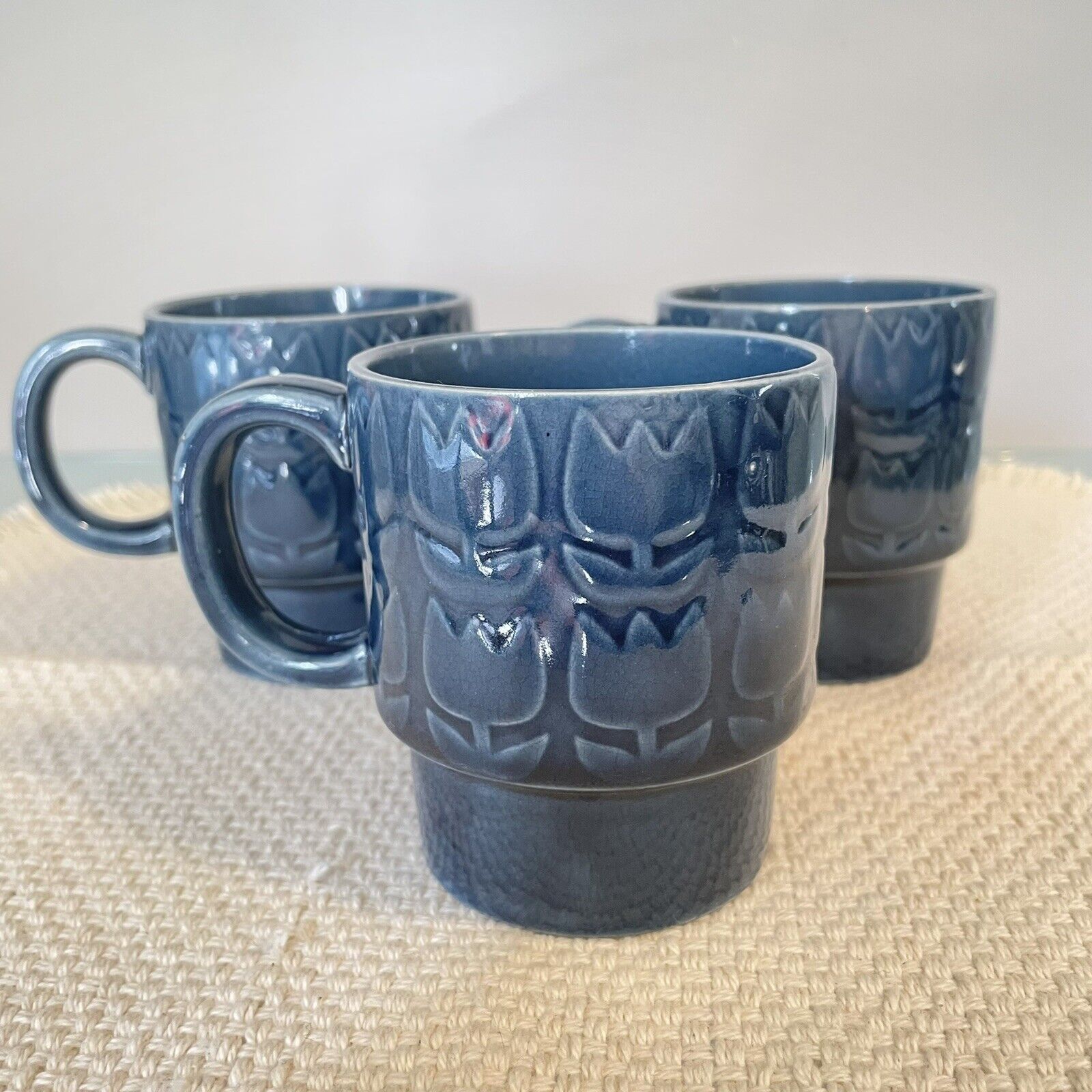 Vintage Pottery Coffee Cups Mugs Tulips Blue Japan Stacking