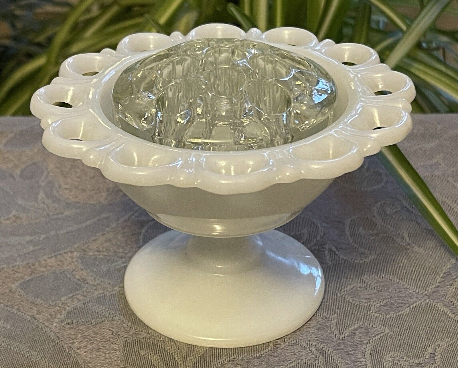 White Milk Glass Lace Edge Compote Pedestal Candy Dish Clear Flower Frog Vase