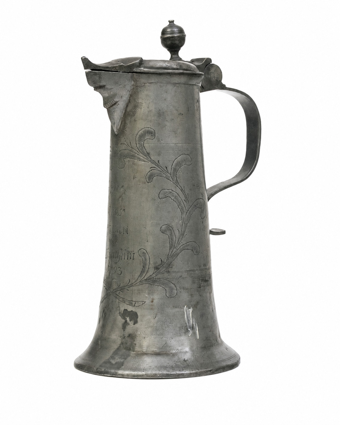 Antique 18th Century German Pewter Schnabelstitze Flagon Wrigglework Dated 1793 Antique 18th Century German Pewter Schnabelstitze Flagon Wrigglework Dated 1793