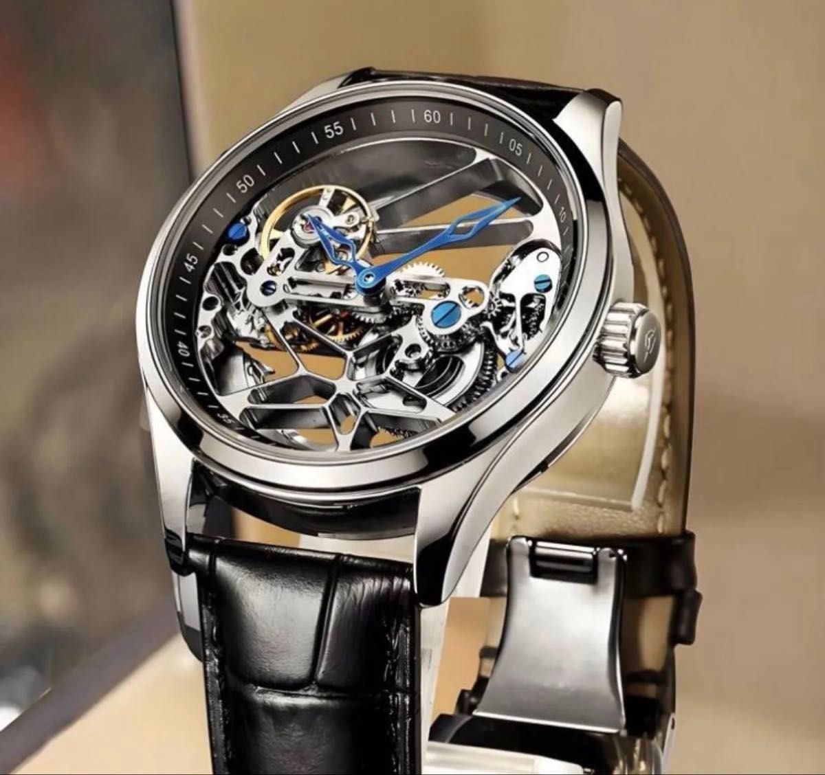 Mens Skeleton Automatic Mechanical Wristwatch Black Leather Strap