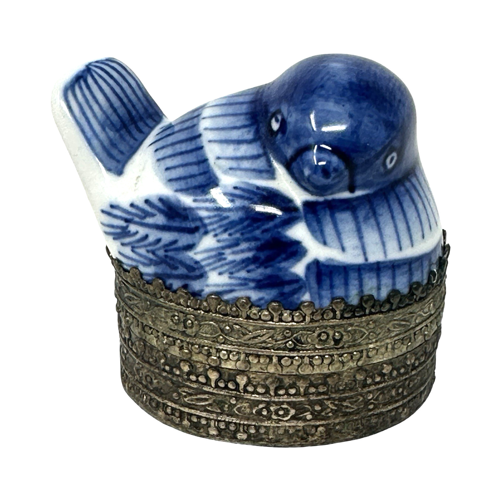 1970s Shard Box Blue Chinoiserie Porcelain Bird Tibetan Silver Trinket Vintage