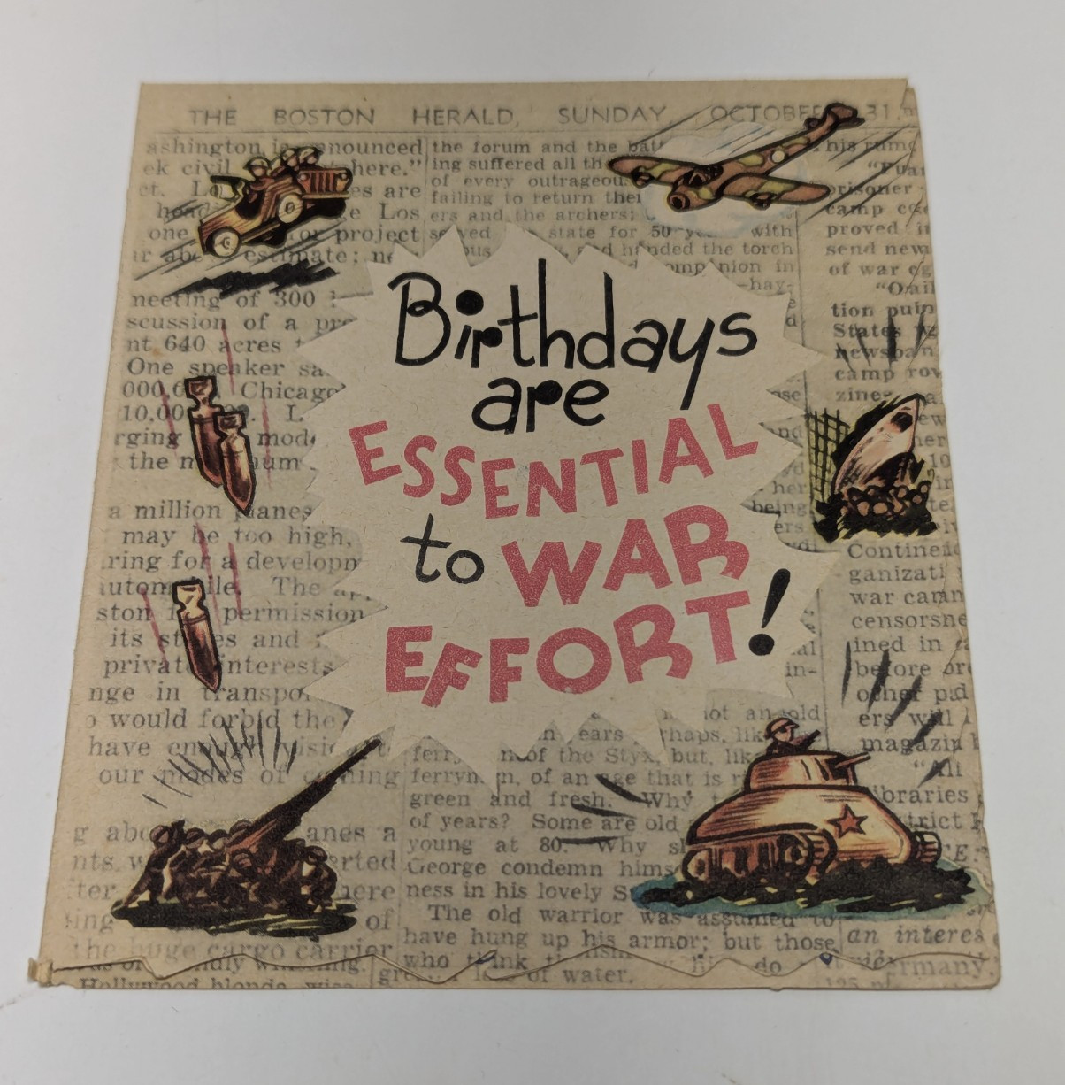 Vintage WW2 Birthday's Are Essential To War Effort Greeting Card Patriot Soldier