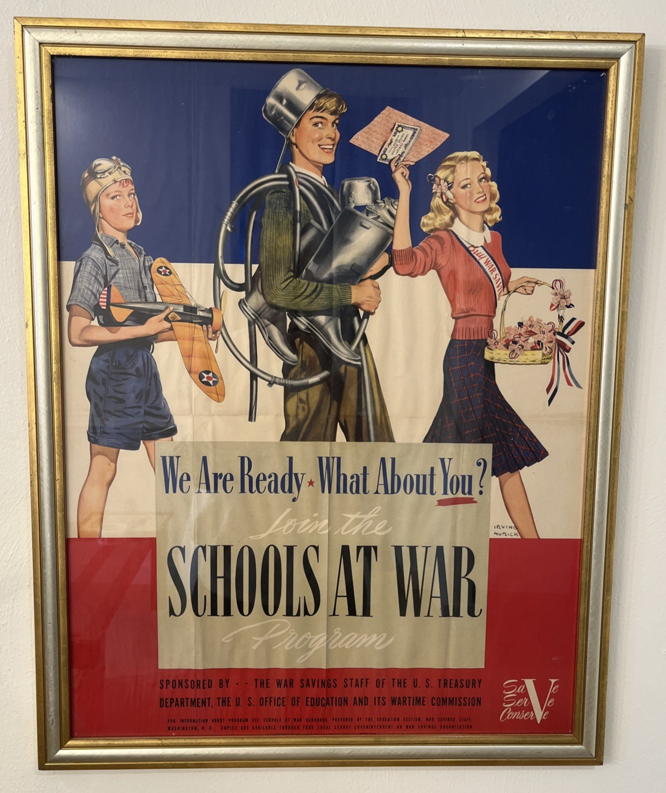 Original WWII Schools At War Poster Framed U.S. Treasury War Savings Program