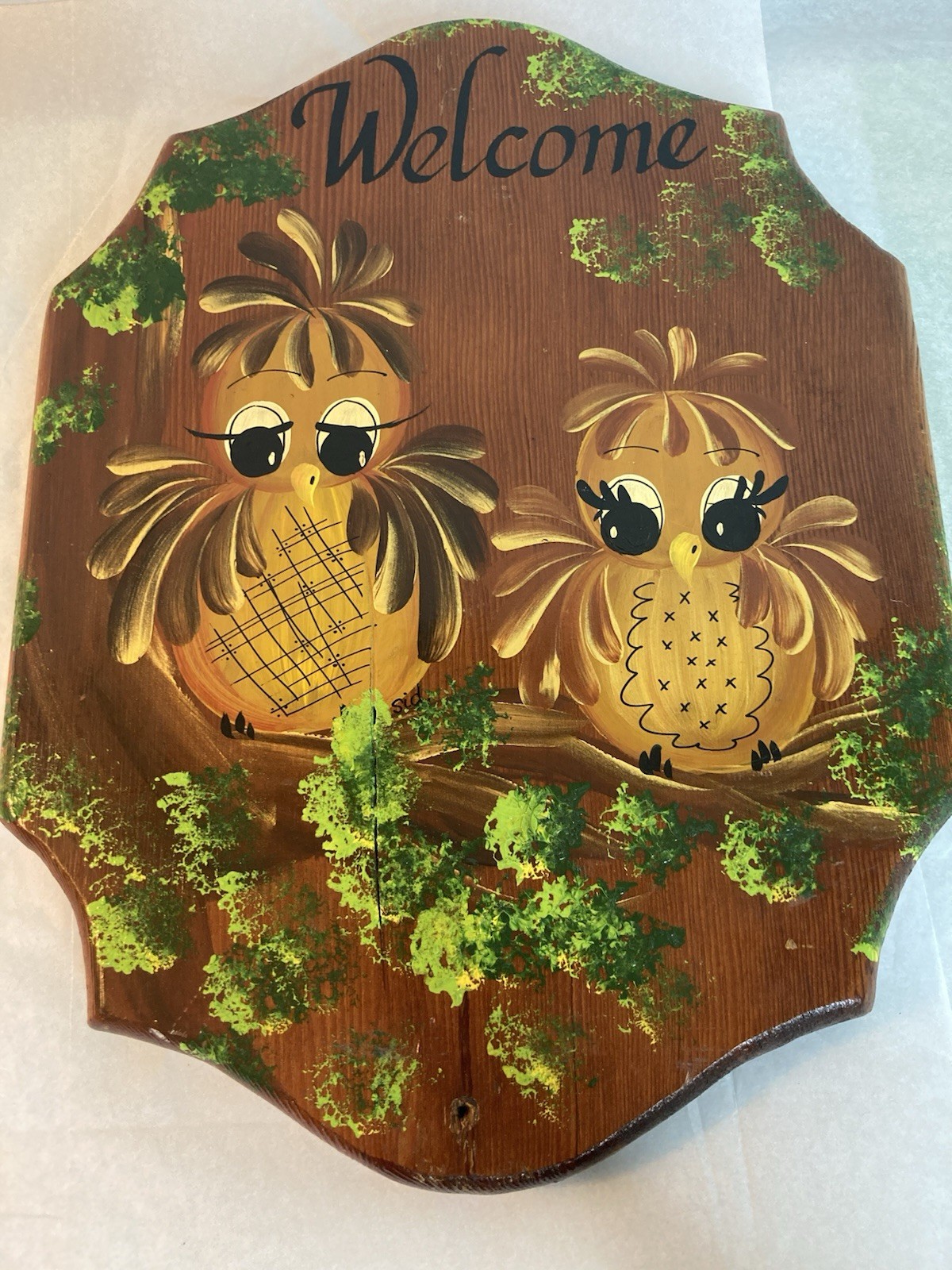 Vintage Owl Wooden Sign Hand Painted MCM Kitsch Big Eye Bird Rustic Primitive