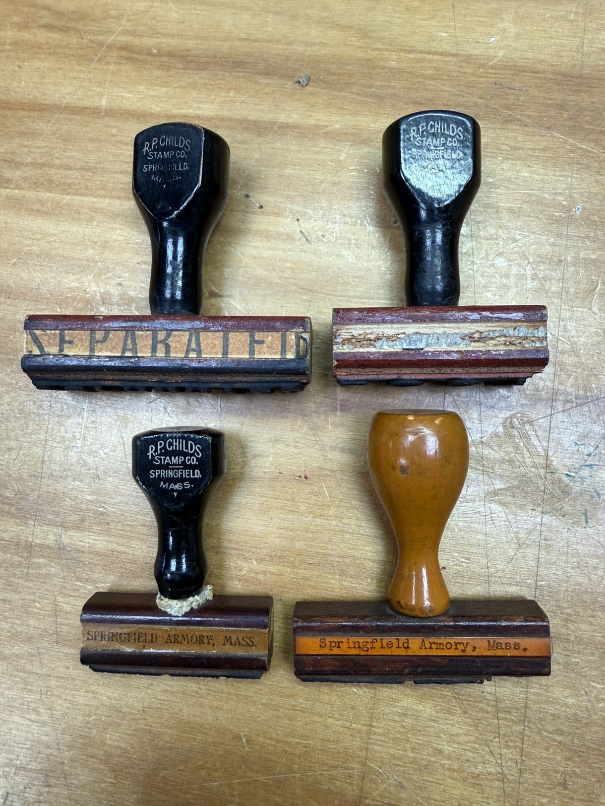 VTG SPRINGFIELD US ARMORY EMPLOYEE USED STAMP SET LOT OF 4 VINTAGE RARE 