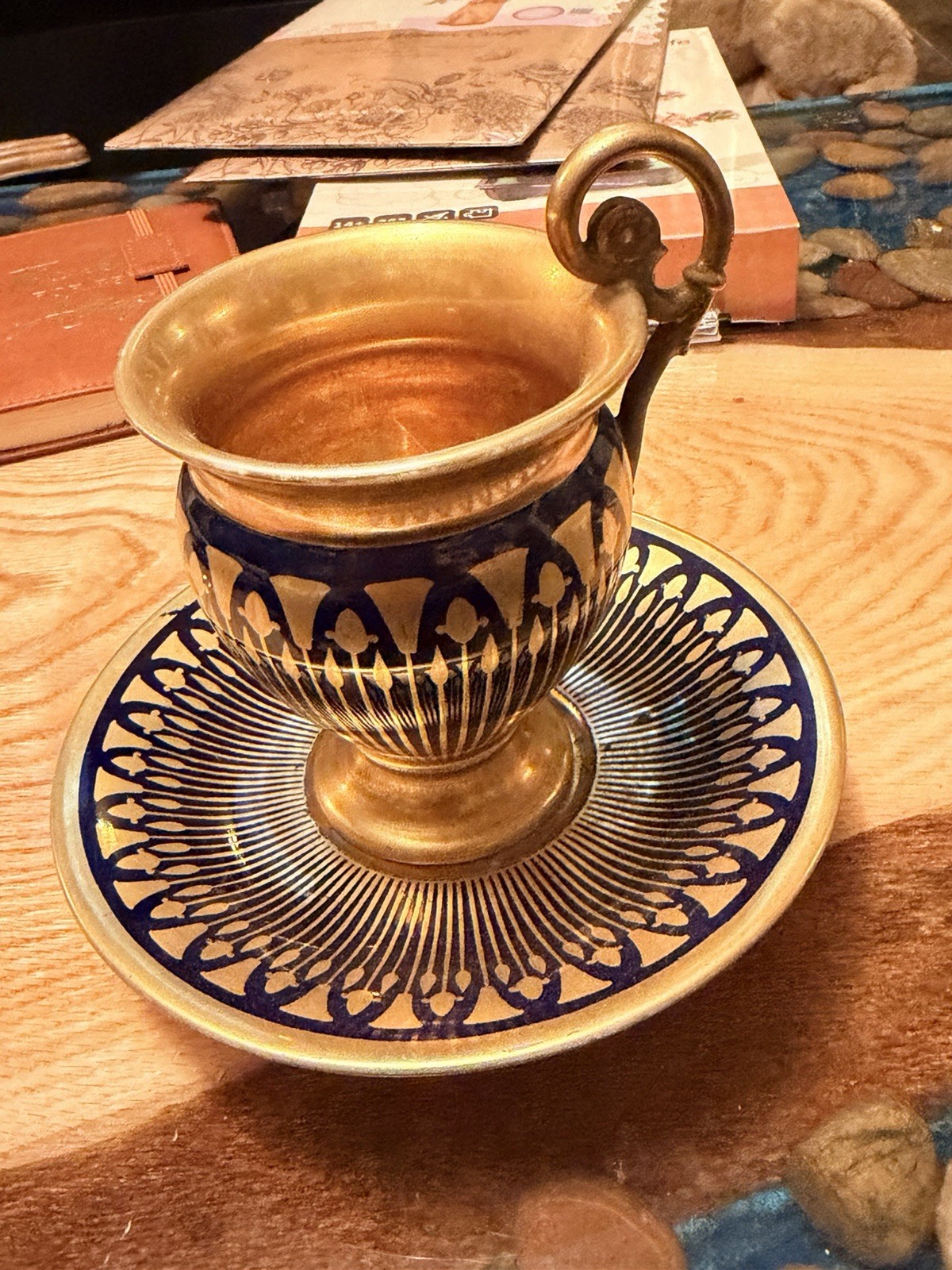 Antique Dagoty Paris Empire Porcelain Cup & Saucer Cobalt Gold c1805 