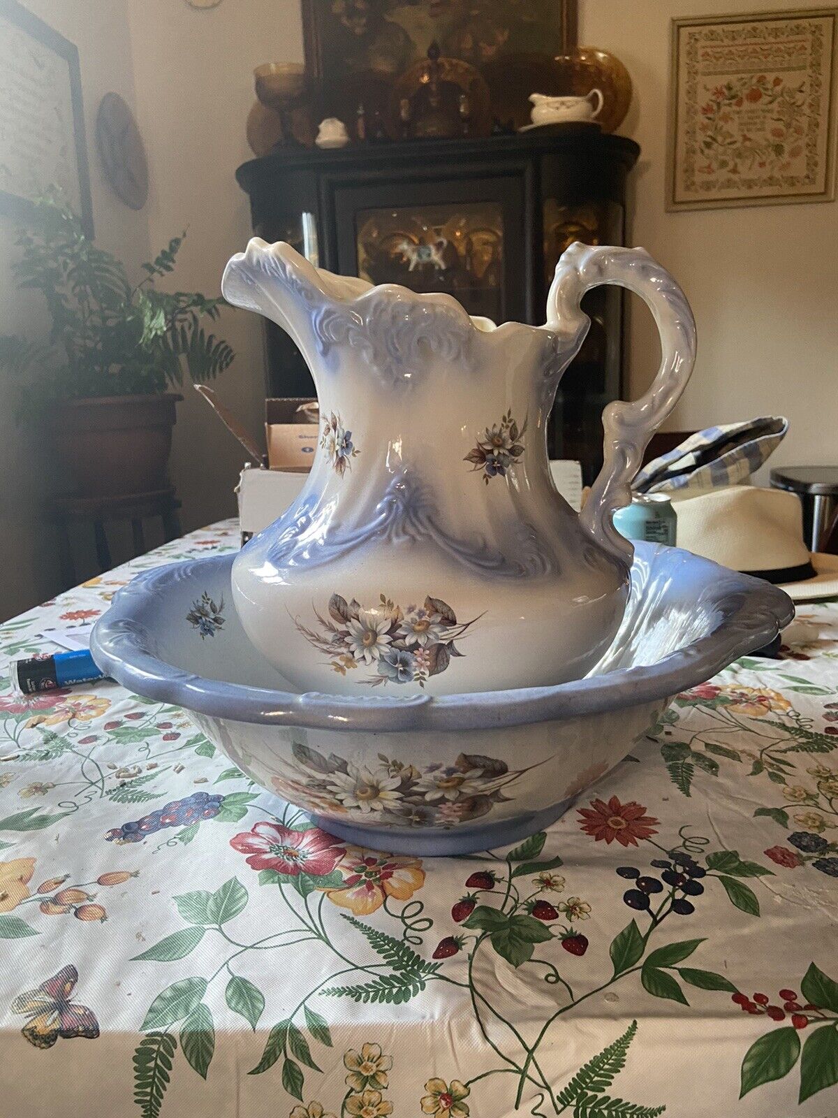 Antique Blue And White Floral Pitcher And Wash Basin