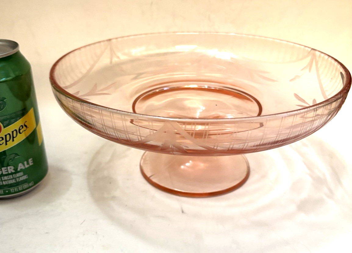 Antique Depression Art Glass Elegant Pink 4.25” Tall Pedestal Bowl Satin Etching