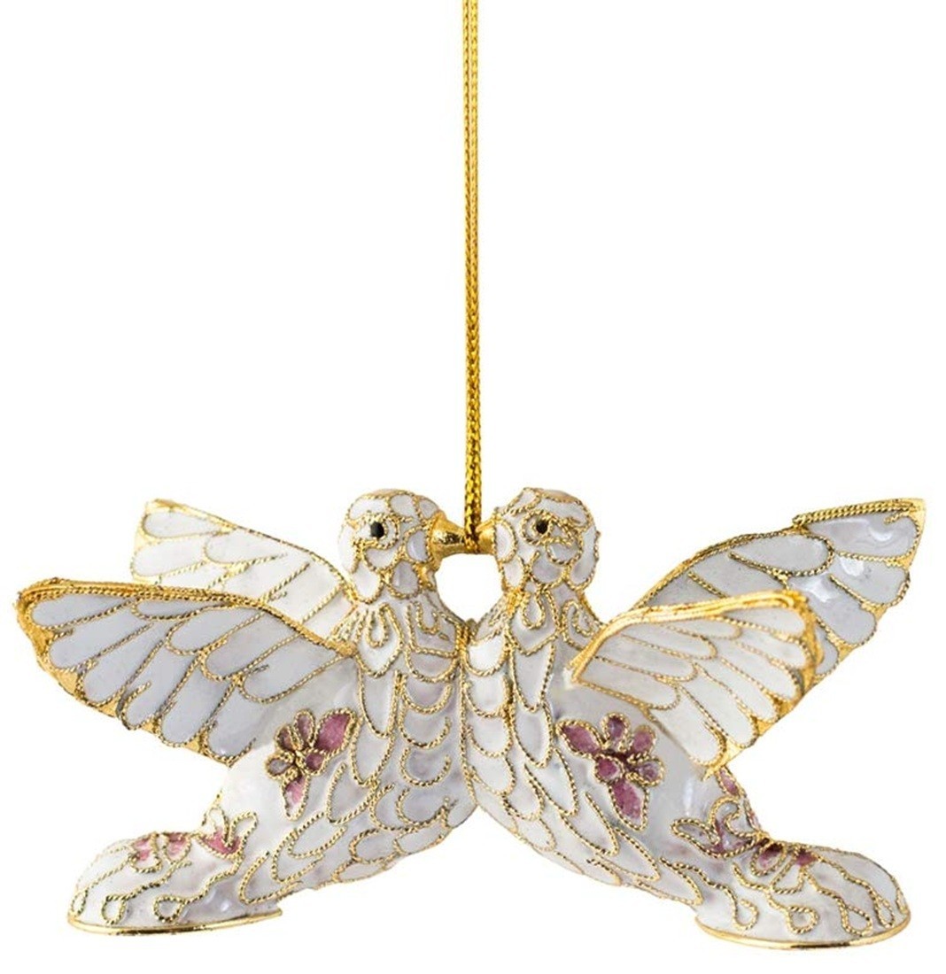 Love Doves Cloisonne Ornament Enamel on Copper Hanging Decor 3.5 x 2 Inch