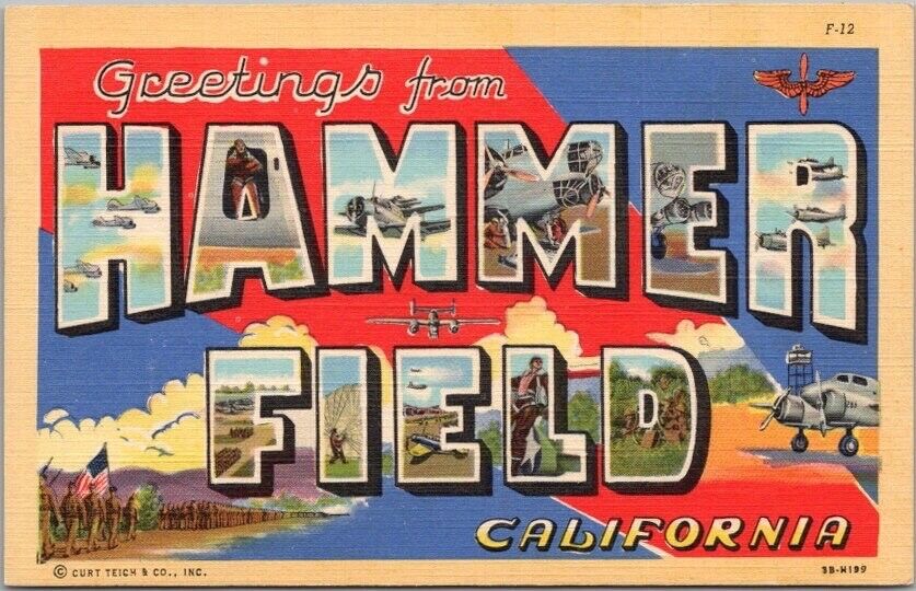 1940s HAMMER FIELD Fresno California Large Letter Postcard AFB WWII Military