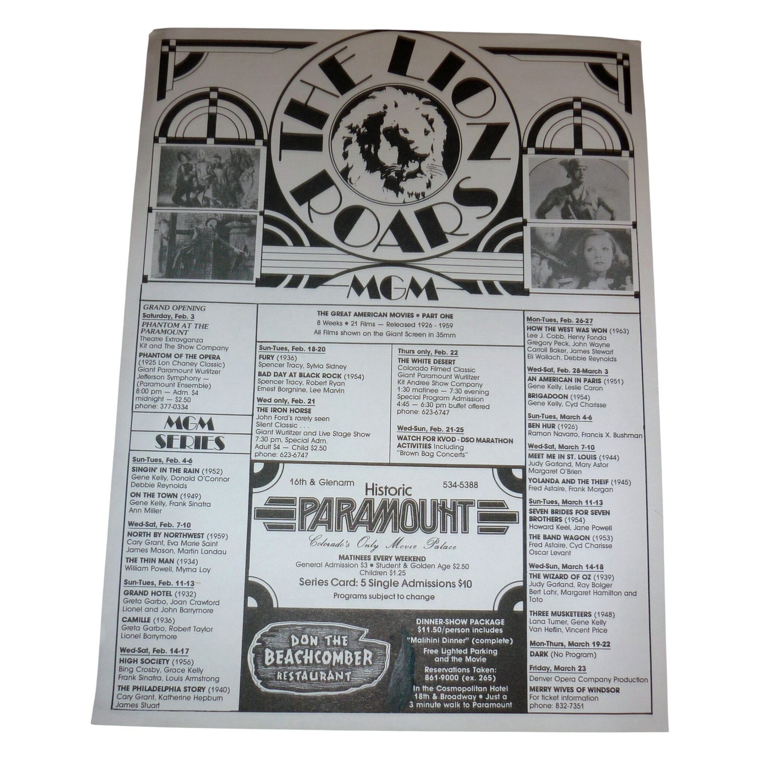 Vintage Denver Paramount Theatre Flyer MGM Lion Roars Don  Beachcomber Tiki Ad