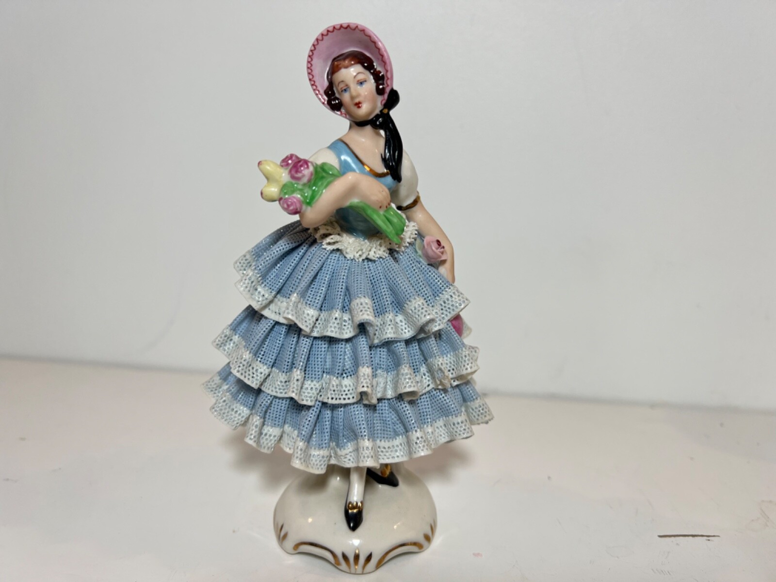 Vintage R&E Pech Dresden Porcelain Meissen German Girl Holding Flowers