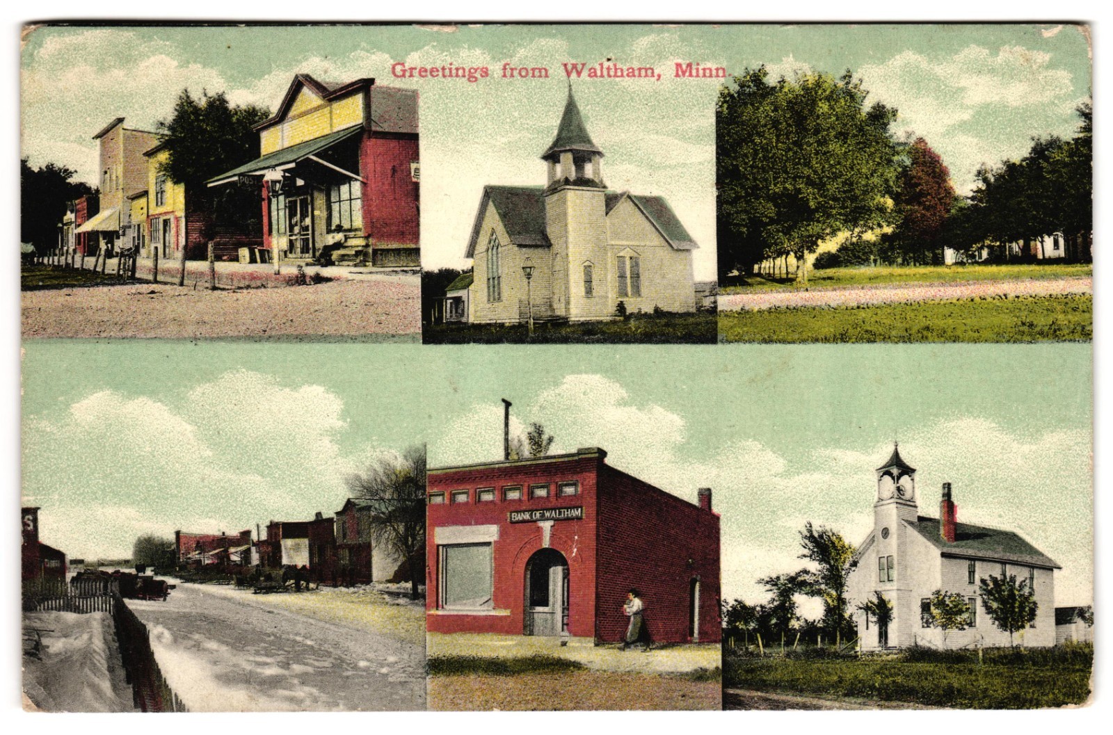 Greetings from Waltham MN Multi-View Churches Bank Stores c1910s Postcard