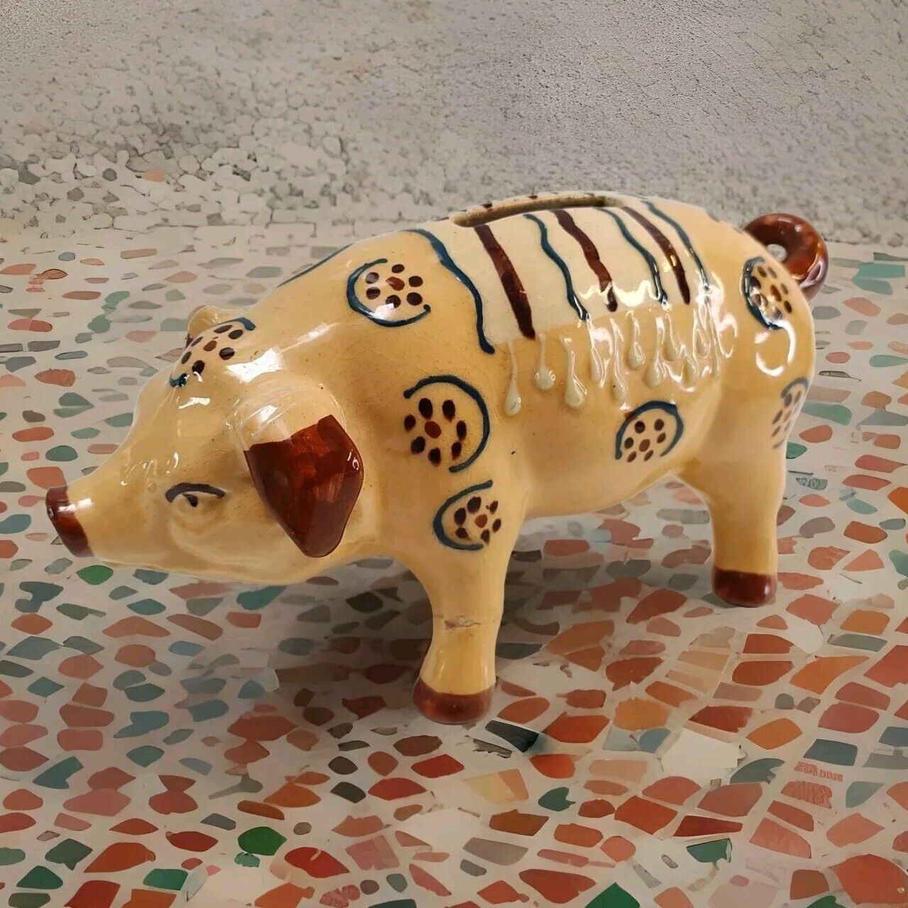 Vtg Hand Art Pottery Pig Piggy Bank France Rare Unique Gift Cute Office Decor 