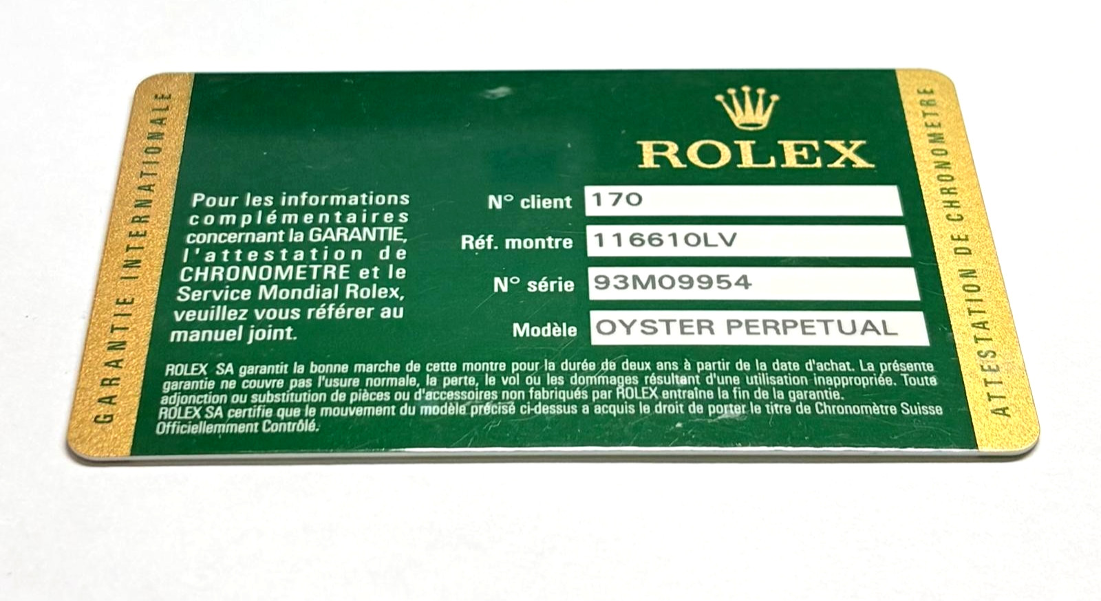 Rolex Hulk 116610LV Submariner Warranty Certificate Guarantee 2012 9 Serial Cert