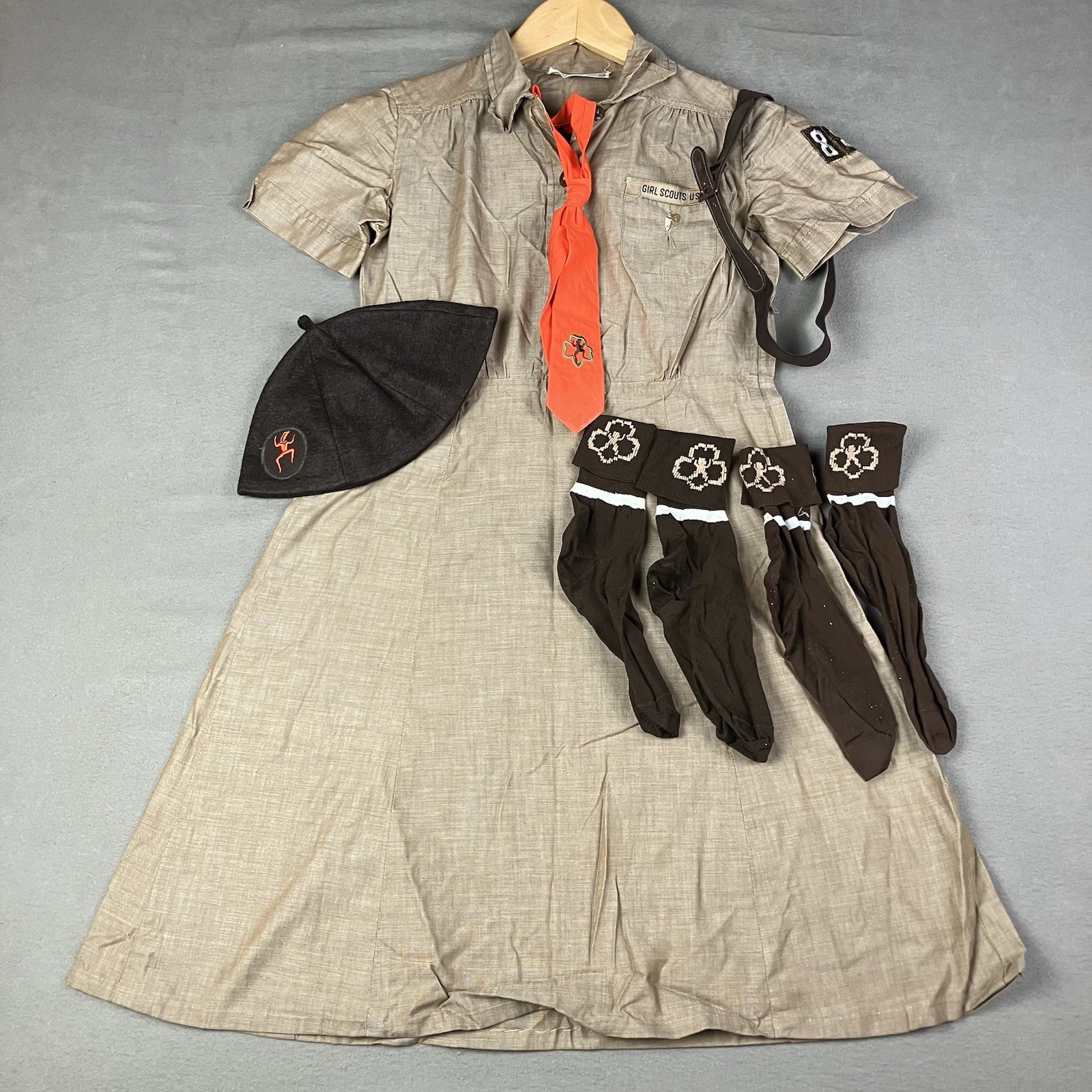 Vintage 60’s Girl Scout Brownie Uniform Beanie, Dress, Belt, Tie, Socks Vintage 60’s Girl Scout Brownie Uniform Beanie, Dress, Belt, Tie, Socks