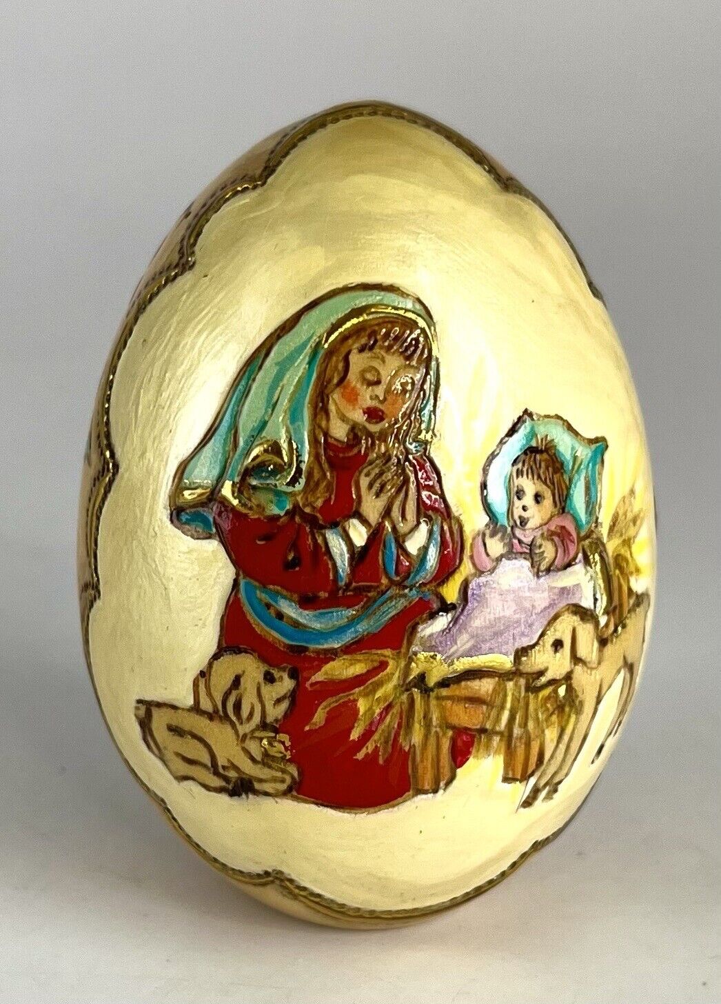 Vintage Russian Wood Egg Mother Child Holiday Hand-painted Raised Gilding Signed