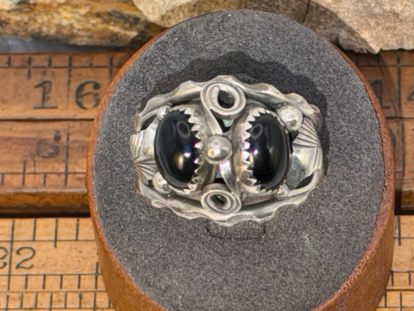Max Calabaza Zuni Native Sterling Black Onyx Band Ring sz 12.5--2442.26