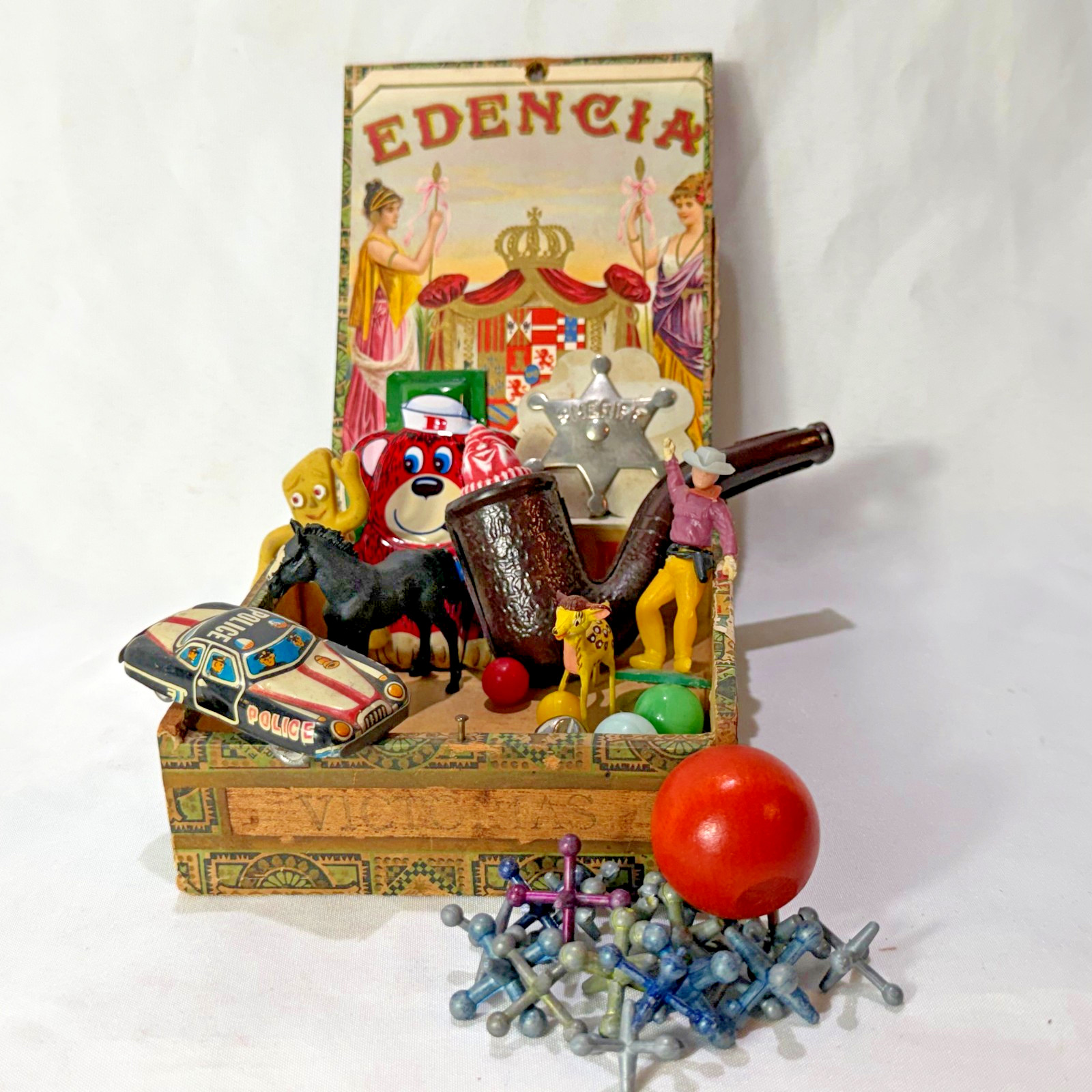 Vtg Toy Lot Jacks Tin Clacker Car Plastic Pipe Figurines In A Edencia Cigar Box Vtg Toy Lot Jacks Tin Clacker Car Plastic Pipe Figurines In A Edencia Cigar Box
