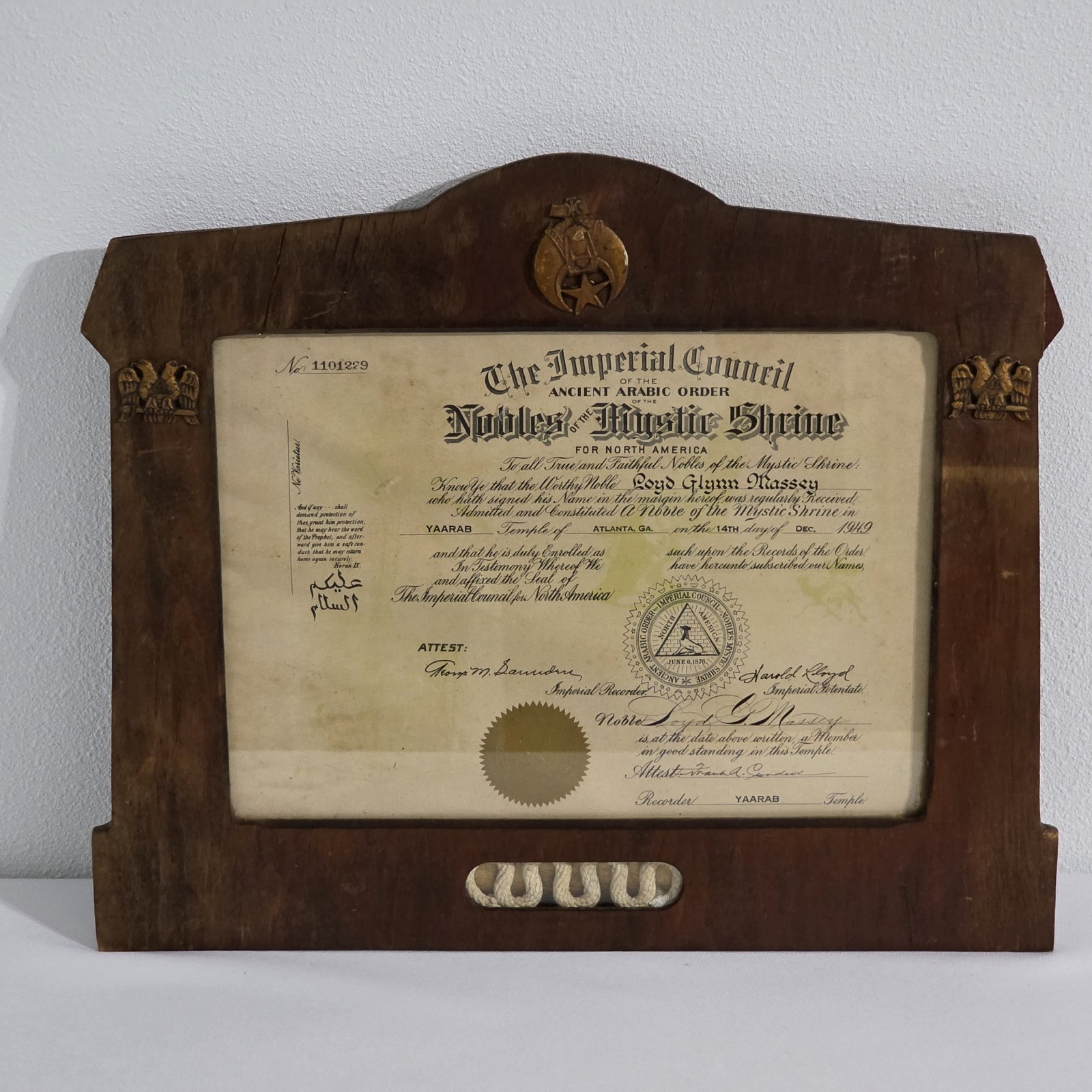 Vintage Frame & Yaarab Temple Member Certificate 1949 Signed Shriner