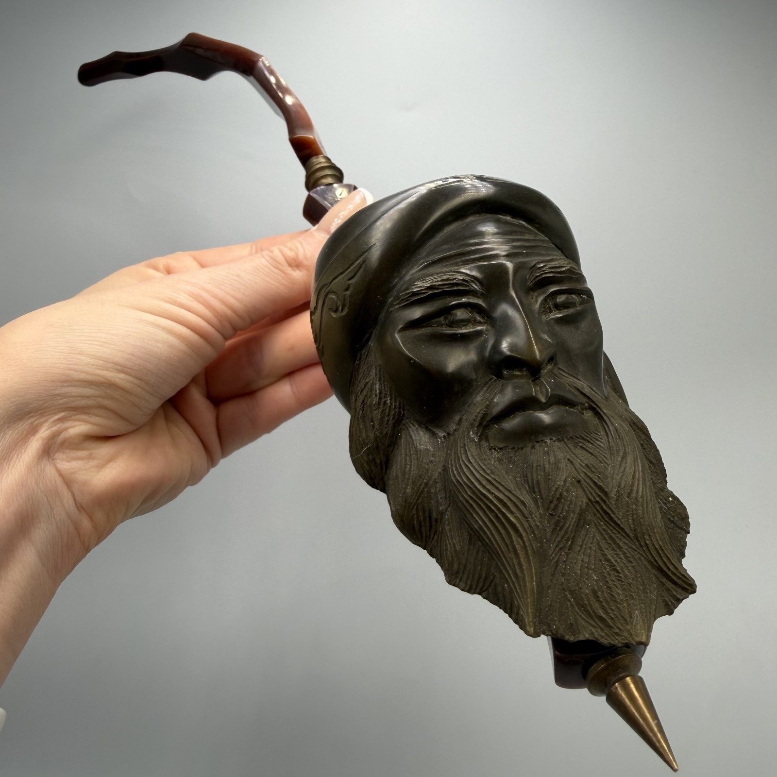 Antique Hand Carved Smoking Pipe Bearded Man Turban Bakelite Rare 34cm