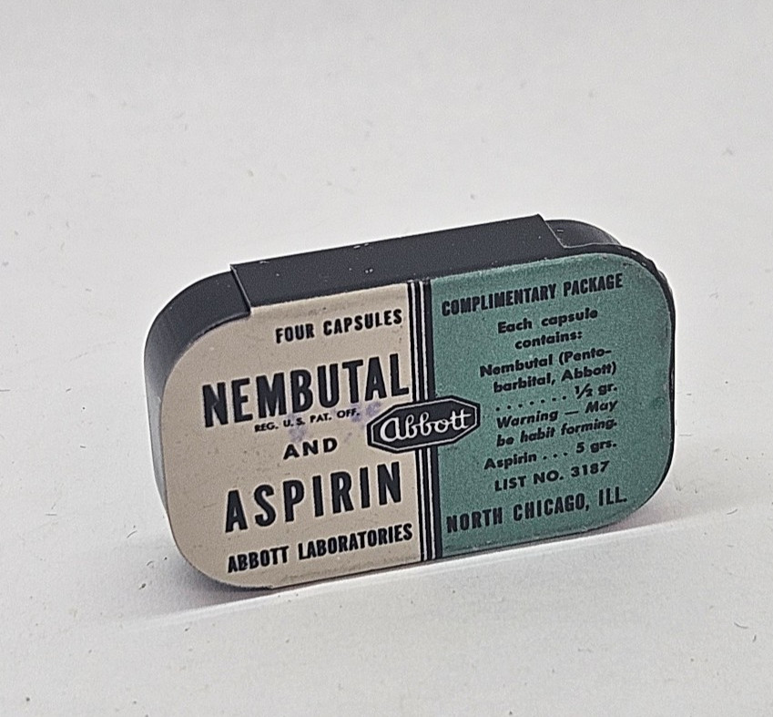 Vintage Abbott Labs NEMBUTAL and Aspirin EMPTY Sample Tin Yellow Jackets Rare