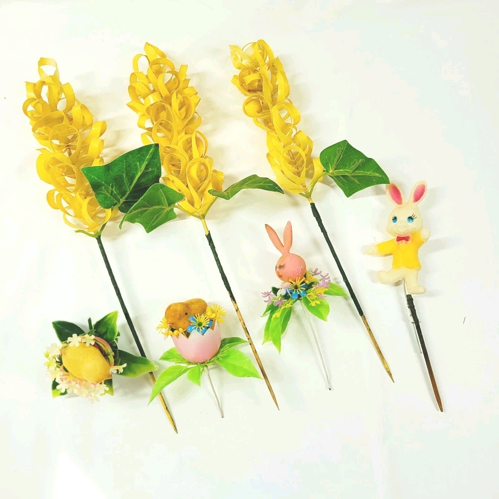 Vintage 1960s Easter Floral Lupine, Flocked Rabbit And Chick Picks Kitschy Decor