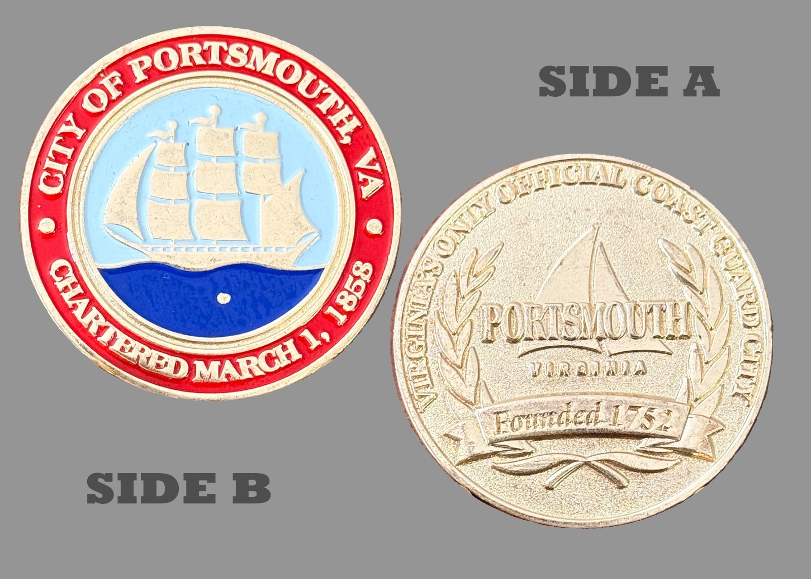 Portsmouth VA Tall Ship Red Blue Enamel Gold Challenge Coin  1#31