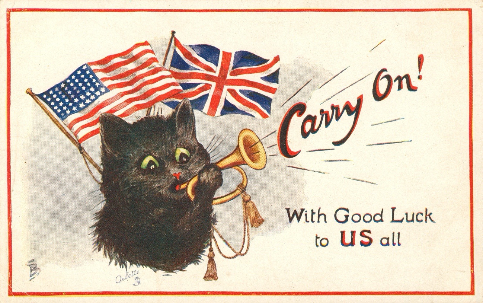 Black Cat blowing bugle 1918 U.S.A. & U.K. Flags 'CARRY ON' Postcard Antique N