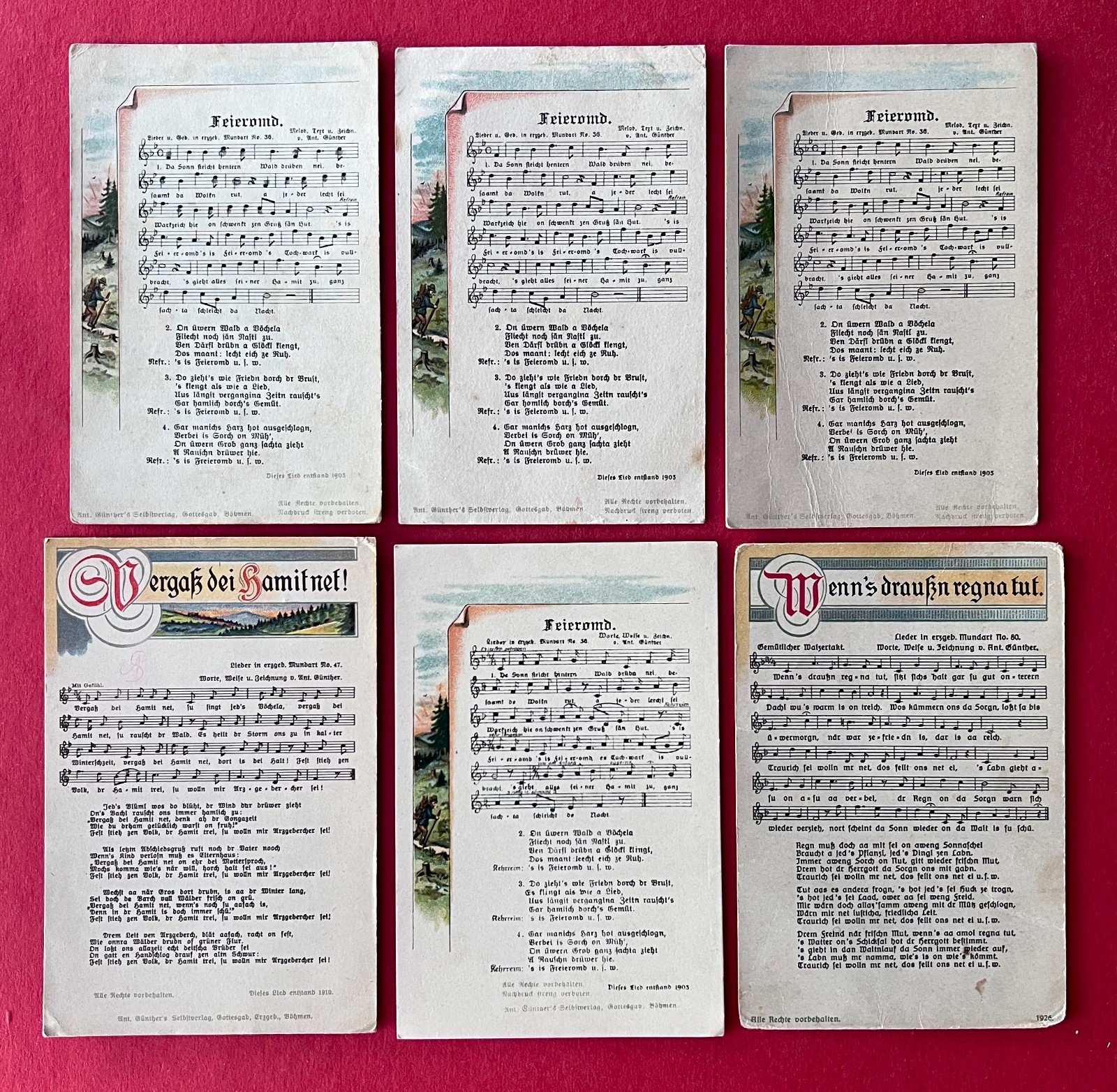 6 x Erzgebirge song postcard by Anton Günther around 1930 No. 36 celebration model, No. 47 (181318 6 x Erzgebirge song postcard by Anton Günther around 1930 No. 36 celebration model, No. 47 (181318