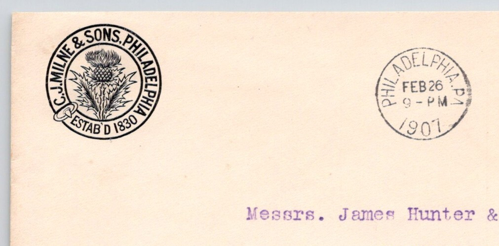 1907 C.J. Milne & Sons Philadelphia Advertising Cover