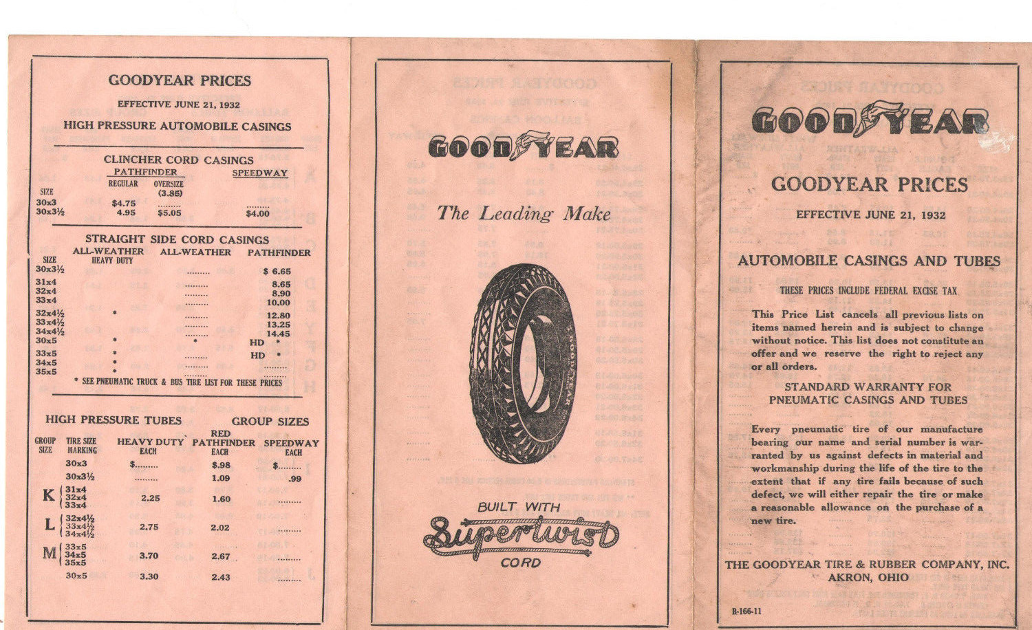 VTG 1932 GOODYEAR TIRE & TUBE PRICE BROCHURE POCKET SIZED WITH SUPERTWIST CORD