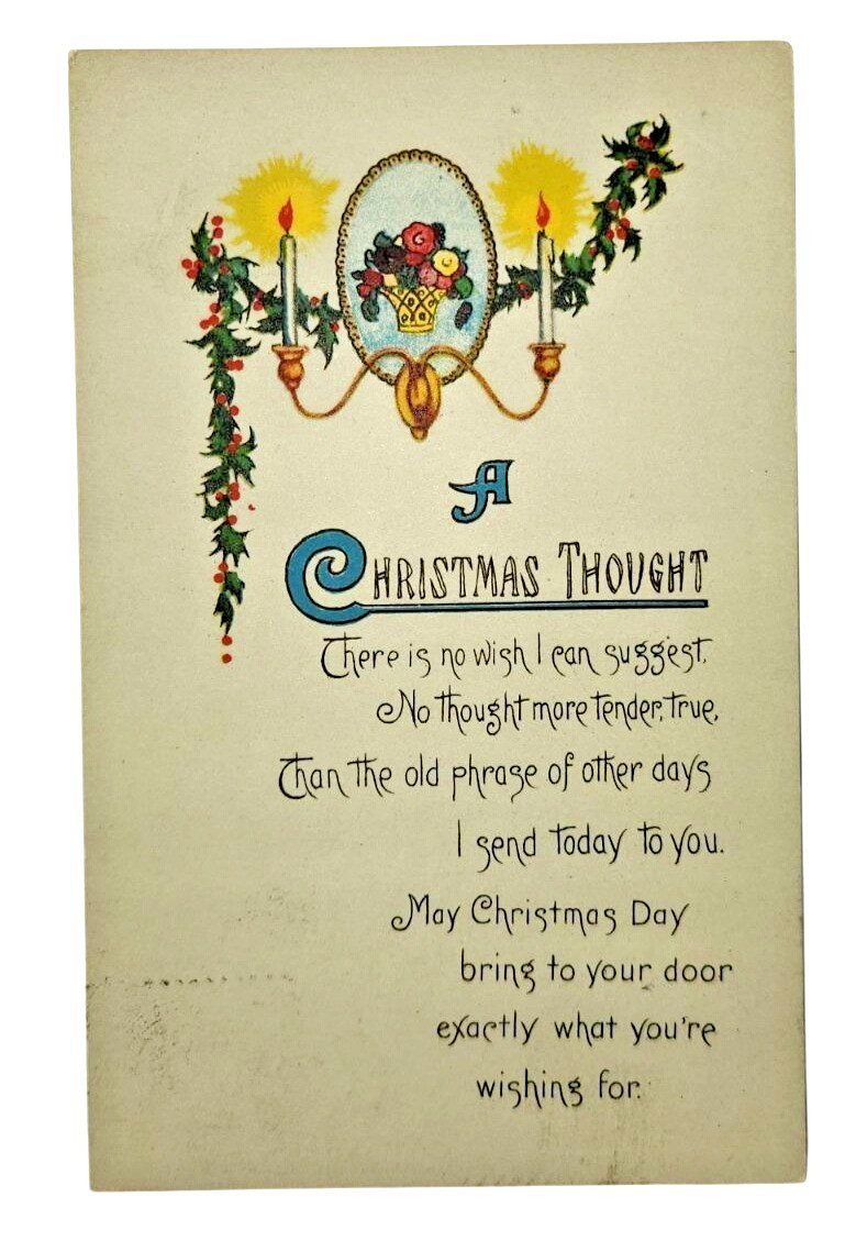Antique Christmas Postcard A Christmas Thought Candles Holly Flowers c1910s