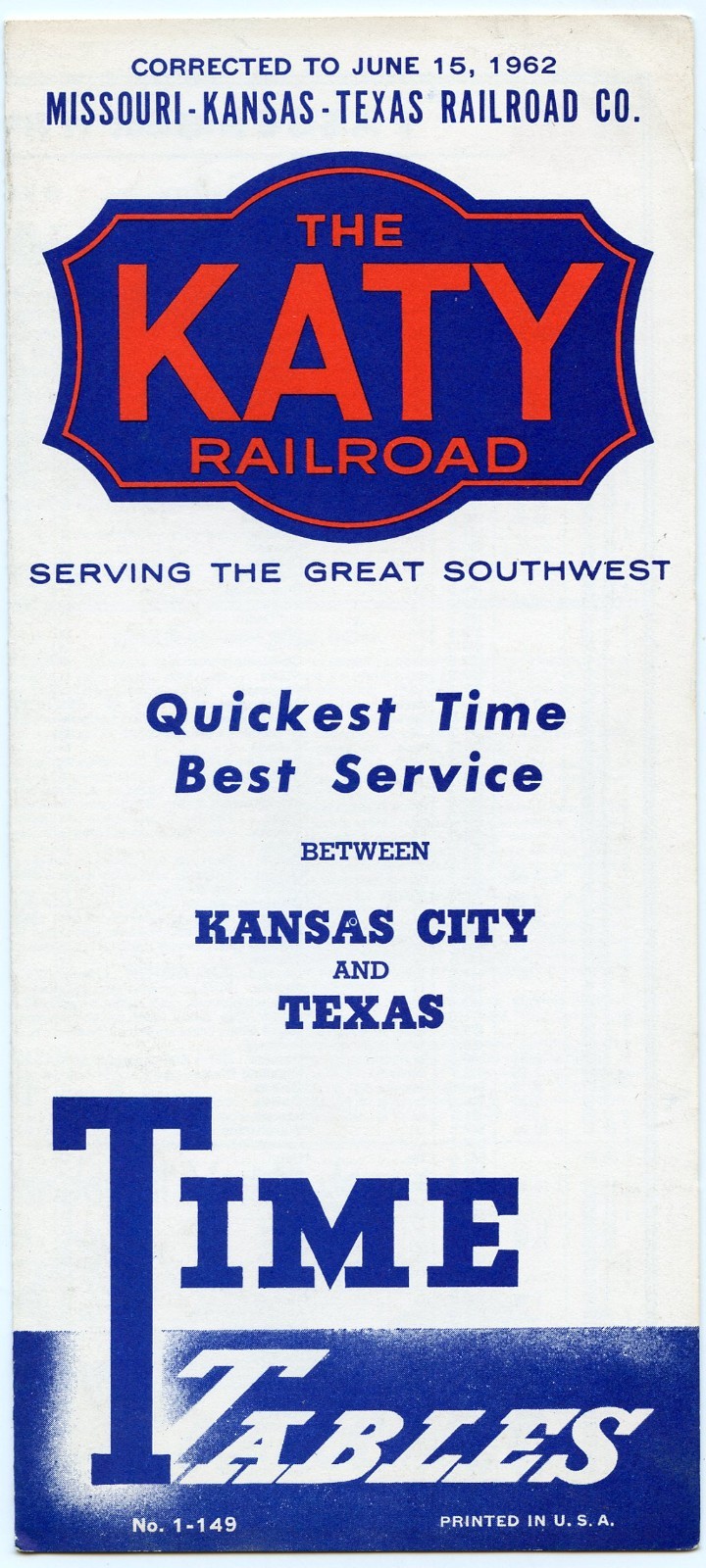 KATY Railroad MKT Missouri Kansas Texas Public Timetable - June 15, 1962