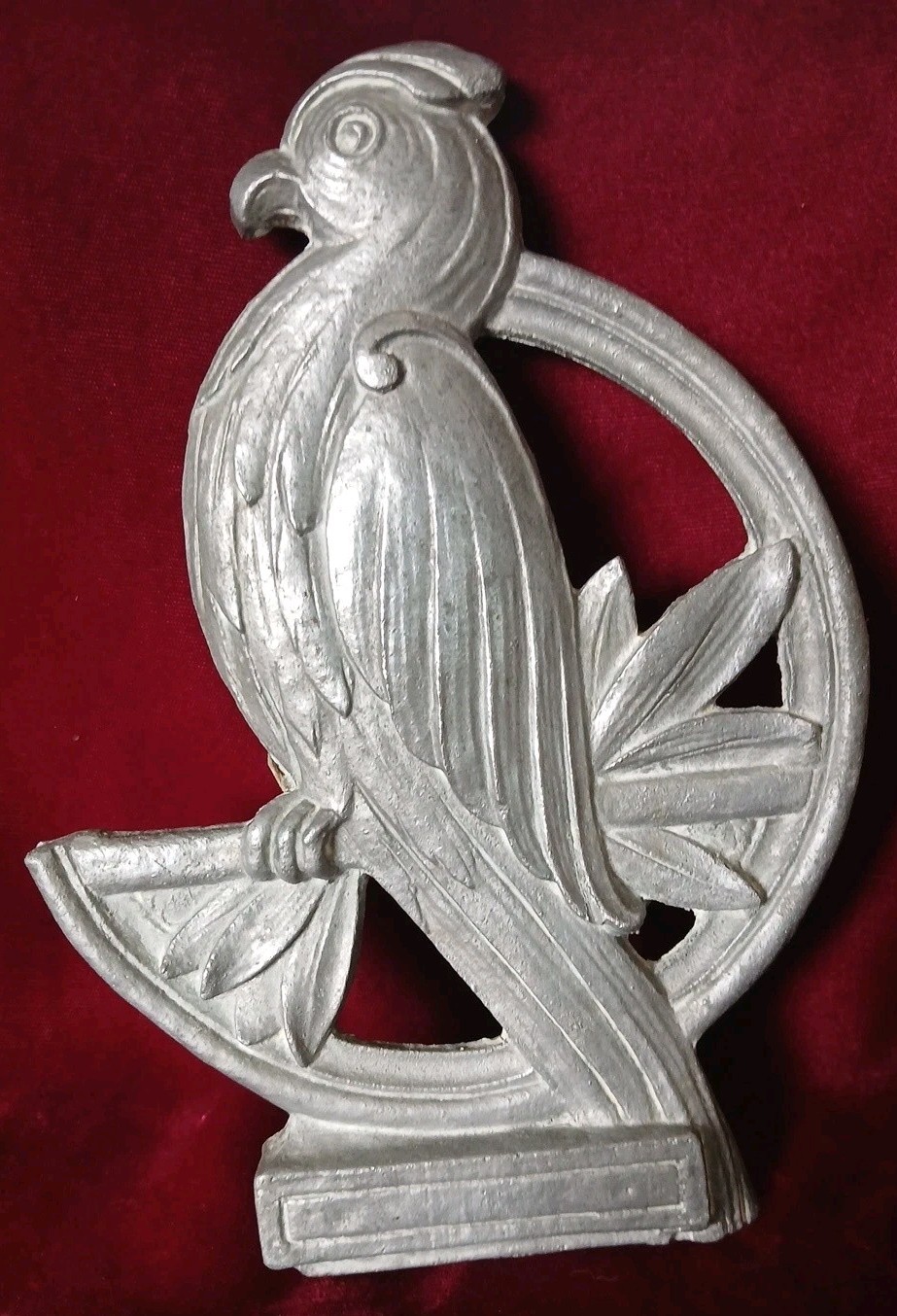 Antique Vintage Art Deco Aluminum Parrot Plaque 8\ Antique Vintage Art Deco Aluminum Parrot Plaque 8\