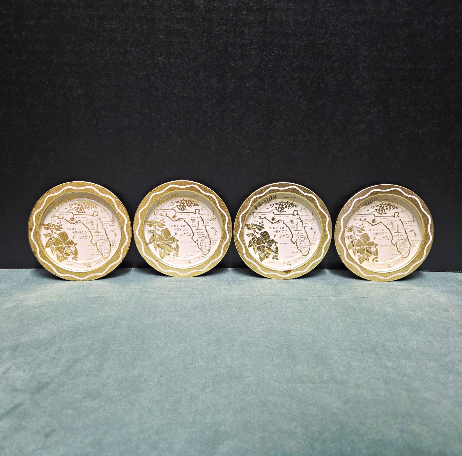 Vintage Florida Souvenir Metal Map Coasters Tin Scalloped Gold White Set of 4 Vintage Florida Souvenir Metal Map Coasters Tin Scalloped Gold White Set of 4