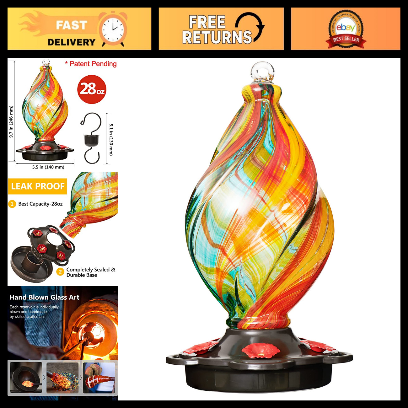 LUJII Ice Cream Shaped Spiral Hummingbird Feeder for Outdoors Hanging, Hand Blow